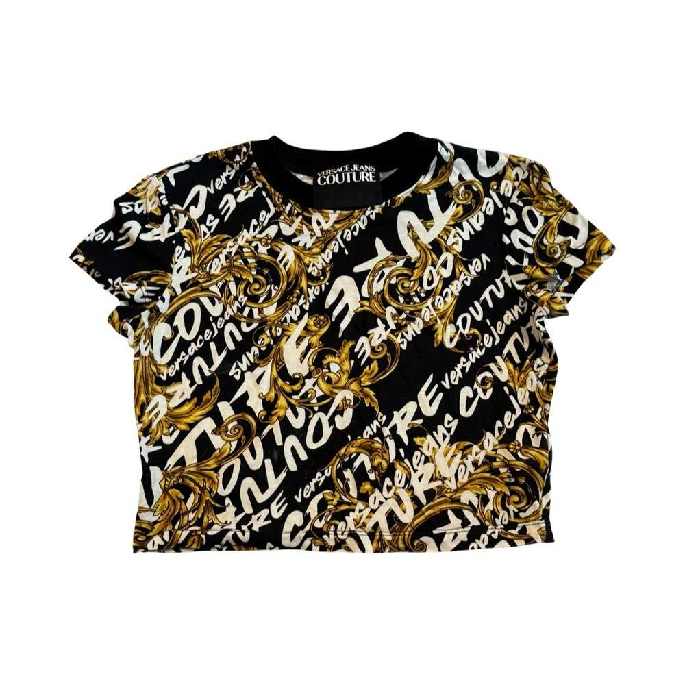 Versace Jeans Couture Black Gold Baroque Logo Crop Top Size S 73HAH602